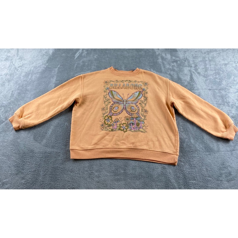 Billabong Kids Peach Orange Butterfly Mushroom Graphic Crewneck‎ Sweatshirt M.
